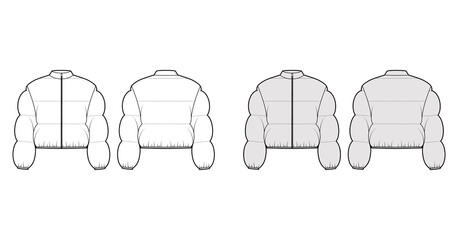 Down puffer jacket coat technical fashion illustration with stand collar, zip-up closure, boxy fit, crop length, wide quilting. Flat front, back, white, grey color style. Women, men, unisex top CAD © Vectoressa