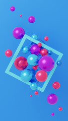 Vertical 3D illustration of multiple spheres and a square frame