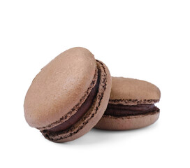 Chocolate macarons on white background. Delicious dessert