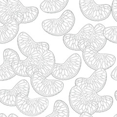 Seamless background. Slices of tangerine. Realistic design. Coloring page. Black outline. 