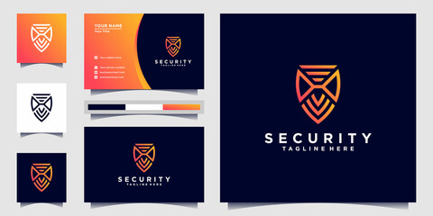 Security logo design with shield modern line art shape and business card design Premium Vekto