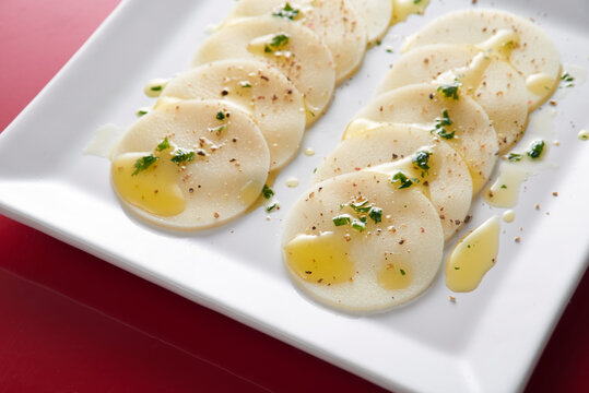 Carpaccio de palmito Pupunha em close up