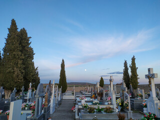 graves with flowers in a cemetery, under a blue sky.