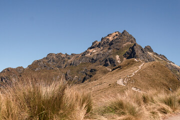 Fototapeta na wymiar Rocky mountain peak blue sky and grassy landscape at Rucu Pichincha