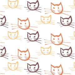 Vector pattern of abstract colored cat heads on a white background. Minimalism. Hand drawing. Doodle