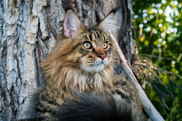 Naklejka na ściany i meble A outdoors portrait of a sitting calm and thoughtful peruvian Maine Coon American cat.