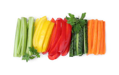 Different vegetables cut in sticks on white background, top view