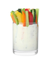 Different vegetables cut in sticks with dip sauce isolated on white