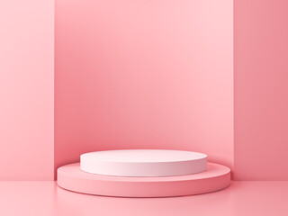 Blank podium pedestal or product platform isolated on pink pastel color wall background with reflection minimal conceptual 3D rendering