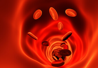 Red bodies in human blood. Three-dimensional red bodies. Background with red blood cells. Erythrocytes cells inside the bloodstream. Background on the theme of blood health. 3d image