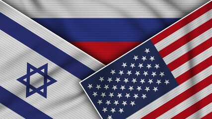 Russia United States of America Israel Flags Together Fabric Texture Effect Illustration