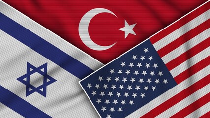Turkey United States of America Israel Flags Together Fabric Texture Effect Illustration
