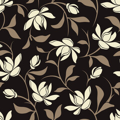 Vector seamless brown floral pattern with magnolia flowers.