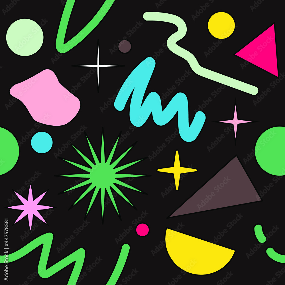 Poster Neo-memphis seamless pattern with different geometric shapes. Retro 80's-90's style.