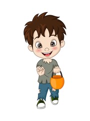 Cartoon little boy wearing zombie costume for celebrating halloween