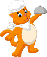 cartoon chef cat carrying food tray
