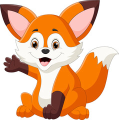 cartoon baby fox waving on white background