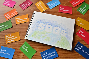There is a card with the 17 goals of the SDGs on the desk. Beside it, there is a sketchbook with the letters of the SDGs.