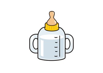 Baby bottle with two handles simple flat illustration.