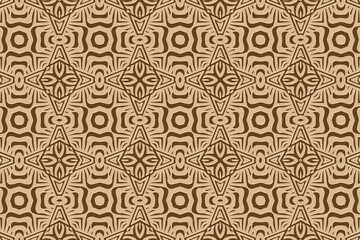 3D volumetric convex embossed geometric beige pattern on a brown background. Ethnic abstract oriental, asian, indian motives with handmade elements for design and decoration.