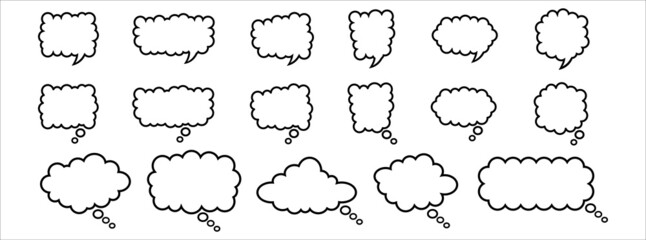 Fototapeta premium Cloud speech bubble. Comic thought thinking cloud bubble. Vector outline illustration set bundle. isolated on white background