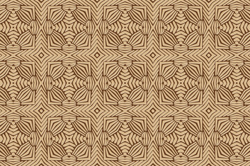 3D volumetric convex embossed geometric beige pattern on a brown background. Ethnic beautiful oriental, Asian, Indian motives with handmade elements for design and decoration.