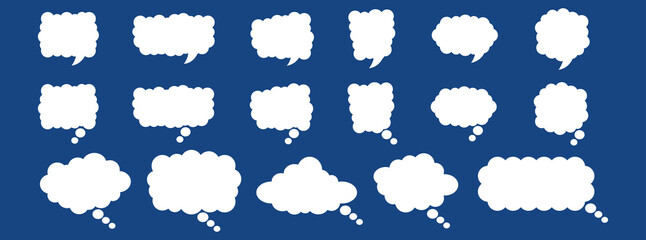 Cloud speech bubble. Comic thought thinking cloud bubble. Vector solid shape illustration set bundle. Isolated on blue background