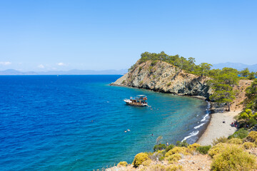 Picturesque landscape of the peninsula beach, view from the mountain road. Fethiye, Mugla province, Turkey.