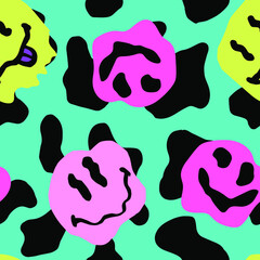 Quirky seamless pattern with melting happy faces in the mood of the 1970's psychedelic style.
