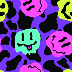 Quirky seamless pattern with melting happy faces in the mood of the 1970's psychedelic style.
