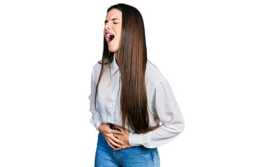 Young brunette teenager wearing business white shirt with hand on stomach because nausea, painful...