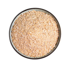 Wheat bran in bowl on white background, top view