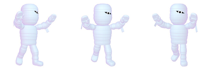 ハロウィンのイラスト素材　ミイラのキャラクター　（1_2 3 4）　三点セット　カット集
