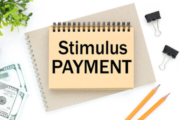 Stimulus Payment, text on white notepad paper. on a white photo with torn paper