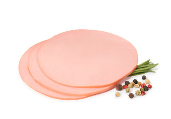 Slices of delicious boiled sausage with rosemary and pepper on white background