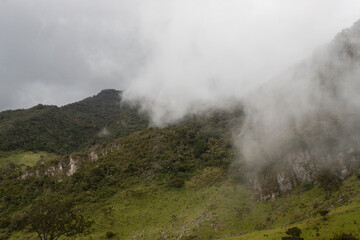 fog downs across andean forest mountains at colombian countryside