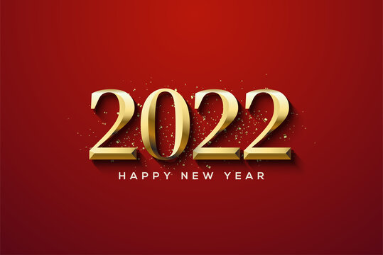 Happy new year 2022 with golden numbers shaded on red background.