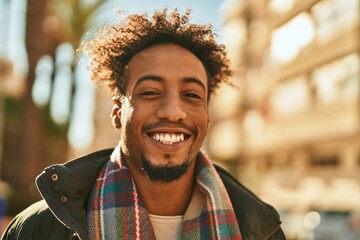 Young african american man smiling happy standing at the city