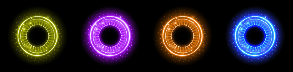 Set of color hologram portal. Magic fantasy portal. Magic circle with halo effect. Vector color glow scifi teleport with sparks and hologram, technology background.
