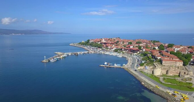 Aerial drone view of the ancient town of Nessebar located by the Black Sea coast in Bulgaria.