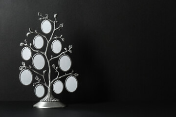Blank metal family tree frame on black background. Space for text
