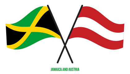 Jamaica and Austria Flags Crossed And Waving Flat Style. Official Proportion. Correct Colors.