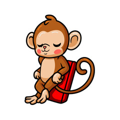 Cute baby monkey cartoon relaxing on air mattress