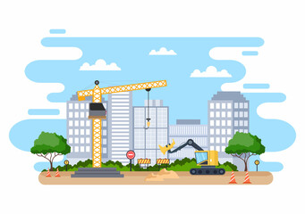 Construction of Building Vector illustration. Architecture Makes Foundation, Pours Concrete, Excavator Digs, Use Machine Tower Cranes and Feller Bunchers. Real Estate Cartoon Business