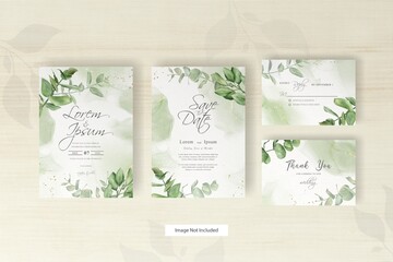 greenery wedding invitation card template with hand drawn eucalyptus and alcohol ink background