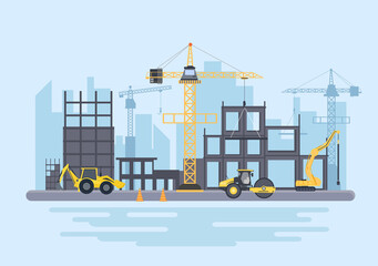 Construction of Building Vector illustration. Architecture Makes Foundation, Pours Concrete, Excavator Digs, Use Machine Tower Cranes, Pile Boring Equipment and Backhoe. Real Estate Cartoon Business
