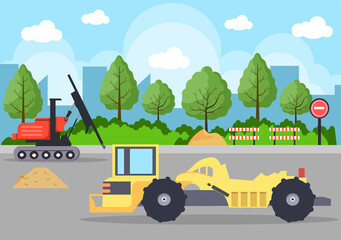 Naklejka premium Construction of Building Vector illustration. Architecture Makes Foundation, Pours Concrete, Excavator Digs, Use Machine Pile Boring Equipment and Tractor. Real Estate Cartoon Business