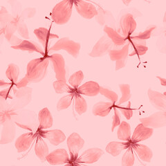Pink Seamless Exotic. White Pattern Botanical. Gray Tropical Exotic. Coral Spring Botanical. Flower Textile. Floral Design. Flora Leaves. Decoration Exotic.