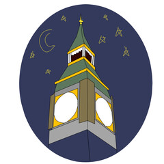 Vectors with objects an old tower against the background of the moon and stars