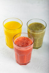 Variety of fruit juices. Fruit smoothies.